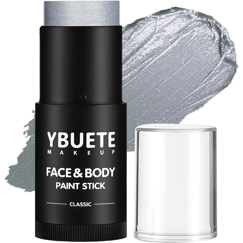Ybuete silver oil based face body paint stick front view in metallic packaging