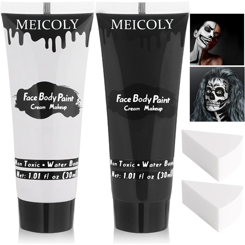 Meicoly black and white face and body paint kit front view with tubes and sponges