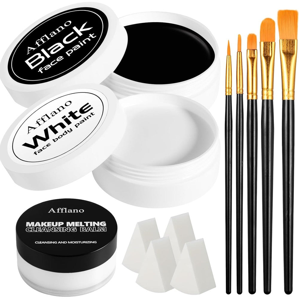 Ecofavor black and white face paint kit front view showing jars and accessories.