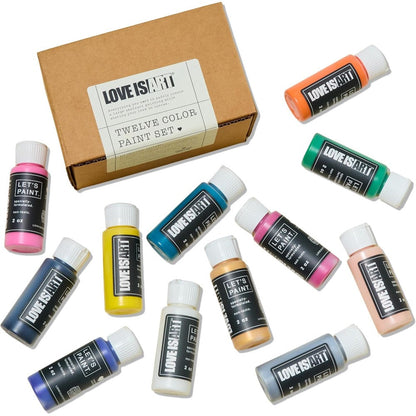 Love is Art Love Paints twelve color body paint set front view showcasing vibrant bottles for couples date night.
