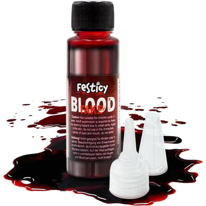 Festicy Authentic Fake Blood front view of the 0.88 fluid ounce bottle showing realistic red liquid