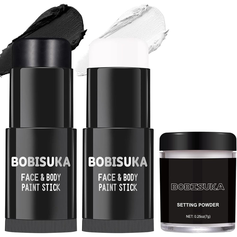 BOBISUKA Black and White Face Paint Sticks with a jar of translucent setting powder