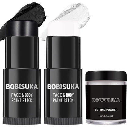 BOBISUKA Black and White Face Paint Sticks with a jar of translucent setting powder