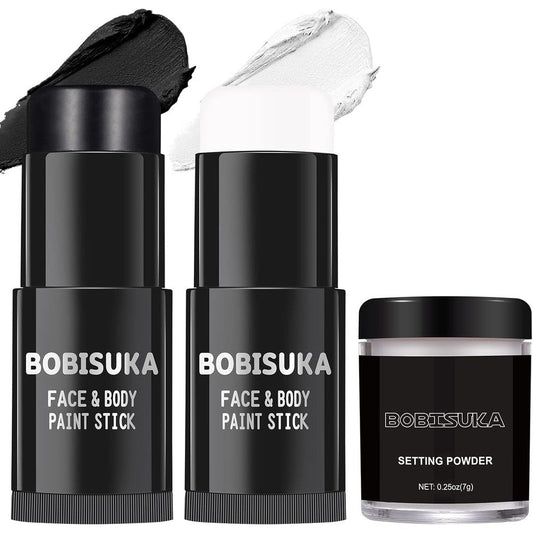 BOBISUKA Black and White Face Paint Sticks with a jar of translucent setting powder