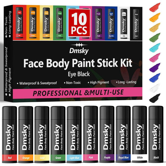Dmsky 10 Packs Eye Black Sports Stick front view showing ten colored face paint tubes for athletes