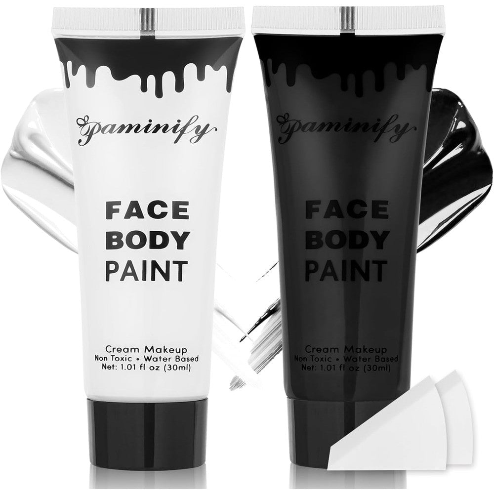 Paminify black and white face and body paint tubes front view with packaging box