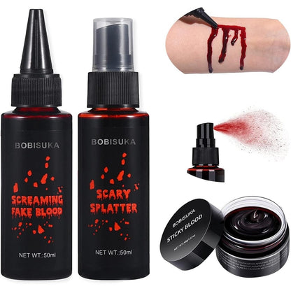 BOBISUKA 3 Piece Halloween Fake Blood Kit featuring spray dripping and coagulated blood jars
