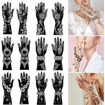 Xmasir Henna Tattoo Stencil Kit front view showing 12 large sheets of Indian and Arabian temporary tattoo templates.