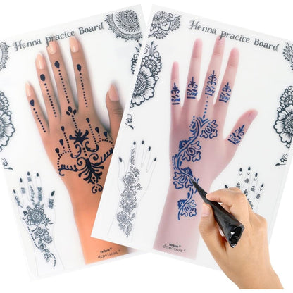 Torbers reusable henna tattoo practice boards front view showing dual skin tones for mehndi hand design tracing