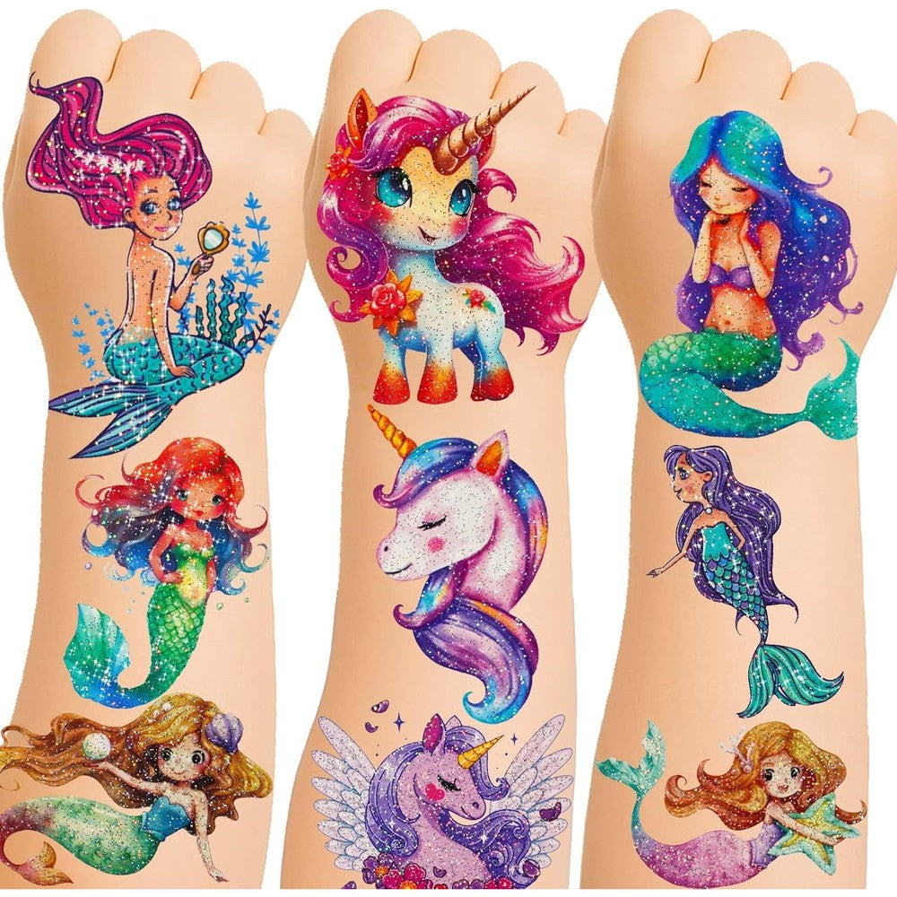 Ozepao glitter temporary tattoos mermaid and unicorn set front view