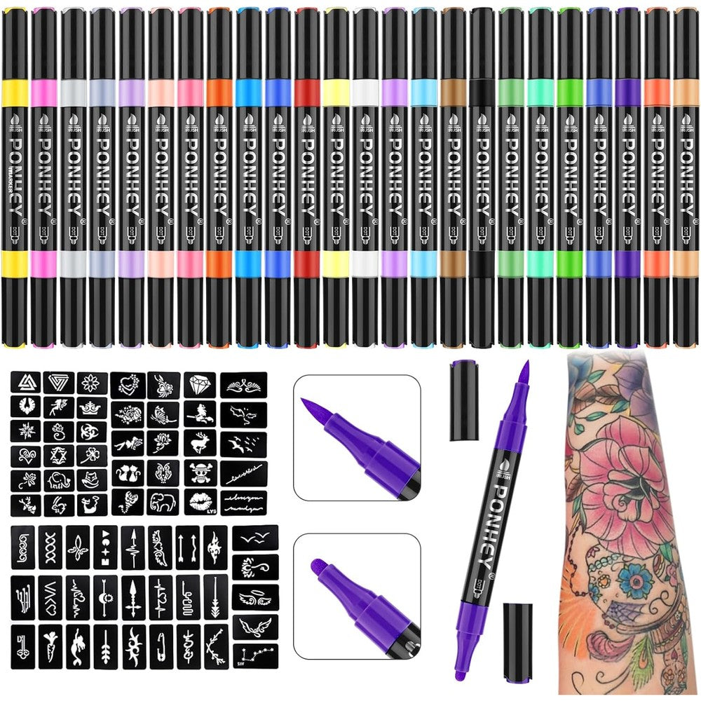 Ponhey temporary tattoo markers 24 piece set with stencils