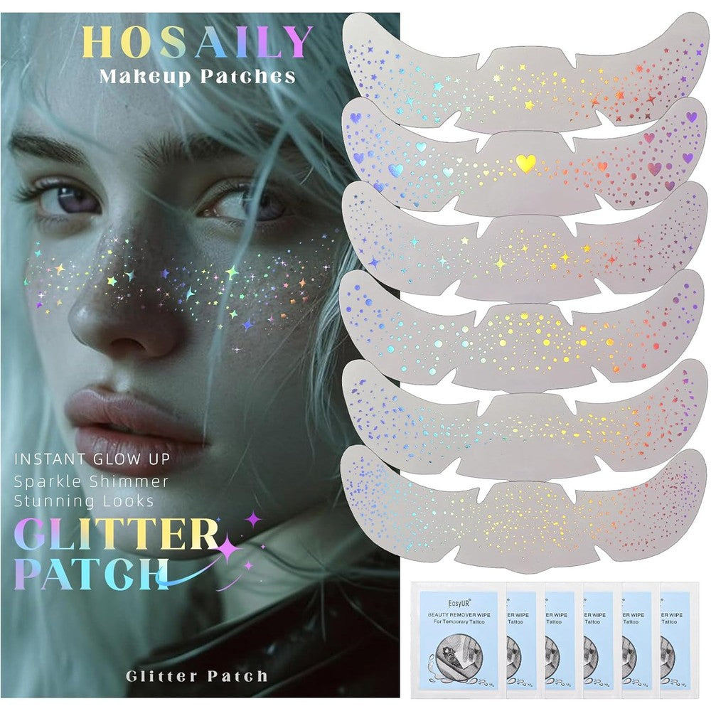 HOSAILY Holographic Glitter Freckles Face Tattoo set front view showcasing star and heart temporary stickers.