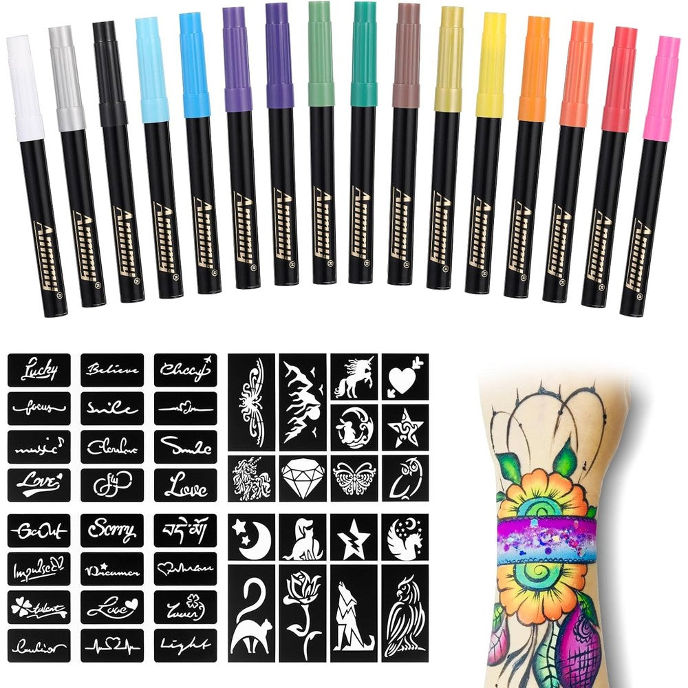 Anmmy temporary tattoo markers 16 count set with stencils front view