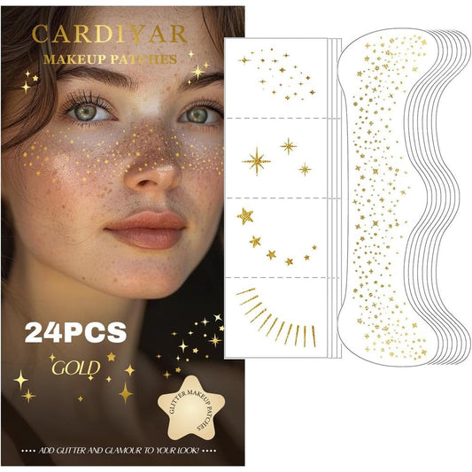 Cardiyar Glitter Freckles 24 piece gold face tattoo set front packaging view