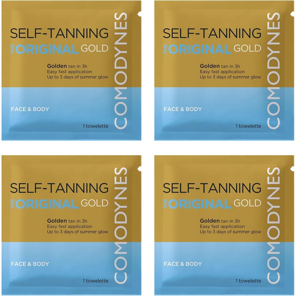 Comodynes Self Tanning Towelettes Gold 4 Pack front view packaging