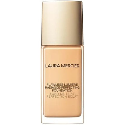 Laura Mercier Flawless Lumiere Foundation front view showing the elegant glass bottle and pump packaging.