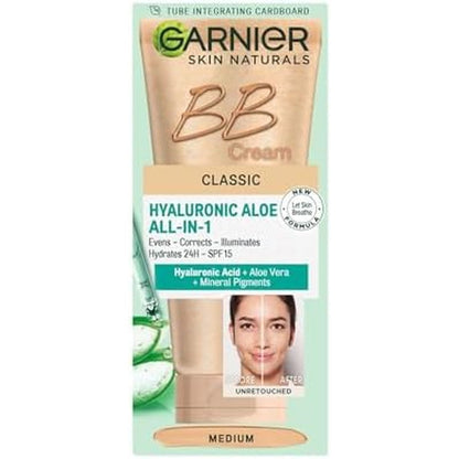 Garnier Skin Naturals Classic Hyaluronic Aloe All-in-1 BB Medium Cream 50ml front view bottle for daily skin correction.