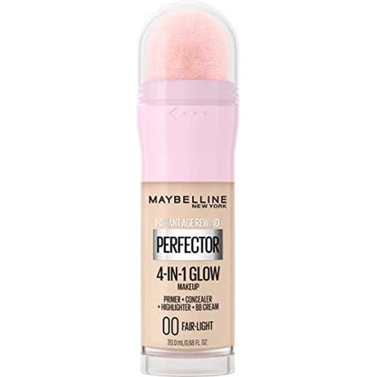 Maybelline New York Instant Age Rewind Perfector 4-In-1 Glow Makeup front view bottle with sponge applicator.
