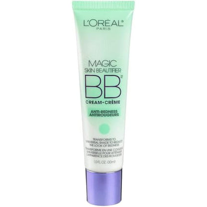 L'OrÃ©al Paris Magic Skin Beautifier Anti-Redness BB Cream front view of the white squeeze tube packaging.