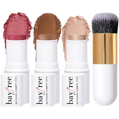 KIMUSE Face Sticks Trio and Cream Blush front view showing three makeup sticks and a white blending brush.
