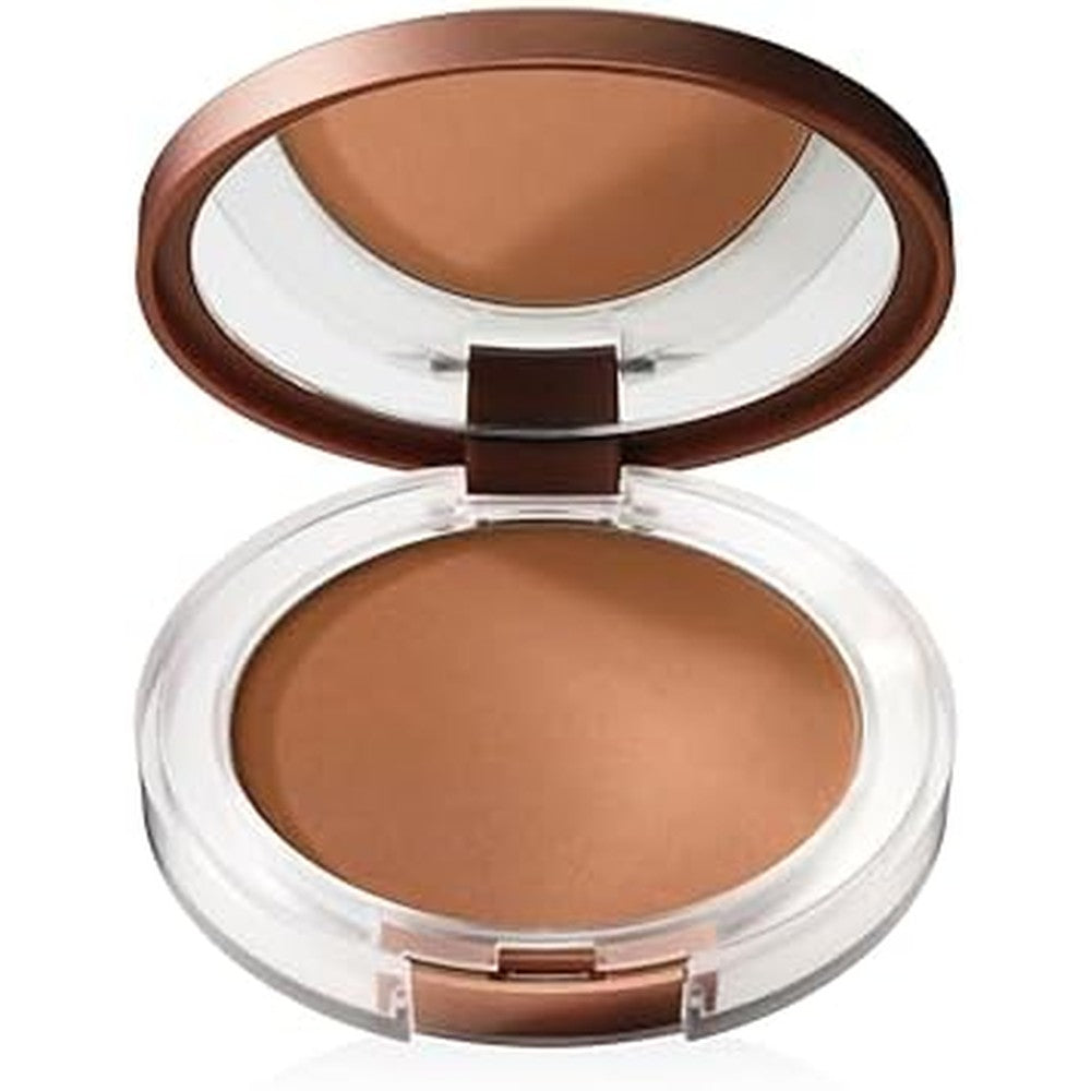 Clinique True Bronze Pressed Powder Bronzer front view compact open with mirror displaying the Sunkissed shade face makeup.