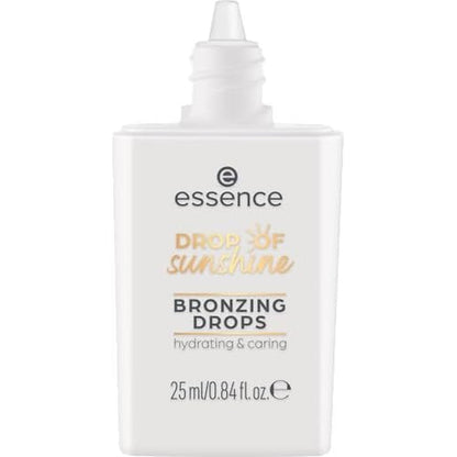 Essence Drop Of Sunshine Bronzing Drops bottle front view showing the white dropper cap and bronze liquid formulation.
