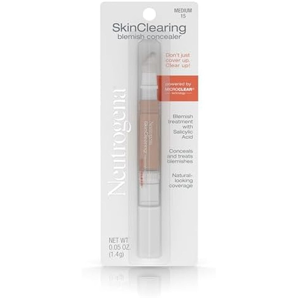 Neutrogena SkinClearing Blemish Concealer Medium 15 tube front view showing acne liquid makeup packaging.