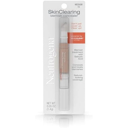 Neutrogena SkinClearing Blemish Concealer Medium 15 tube front view showing acne liquid makeup packaging.