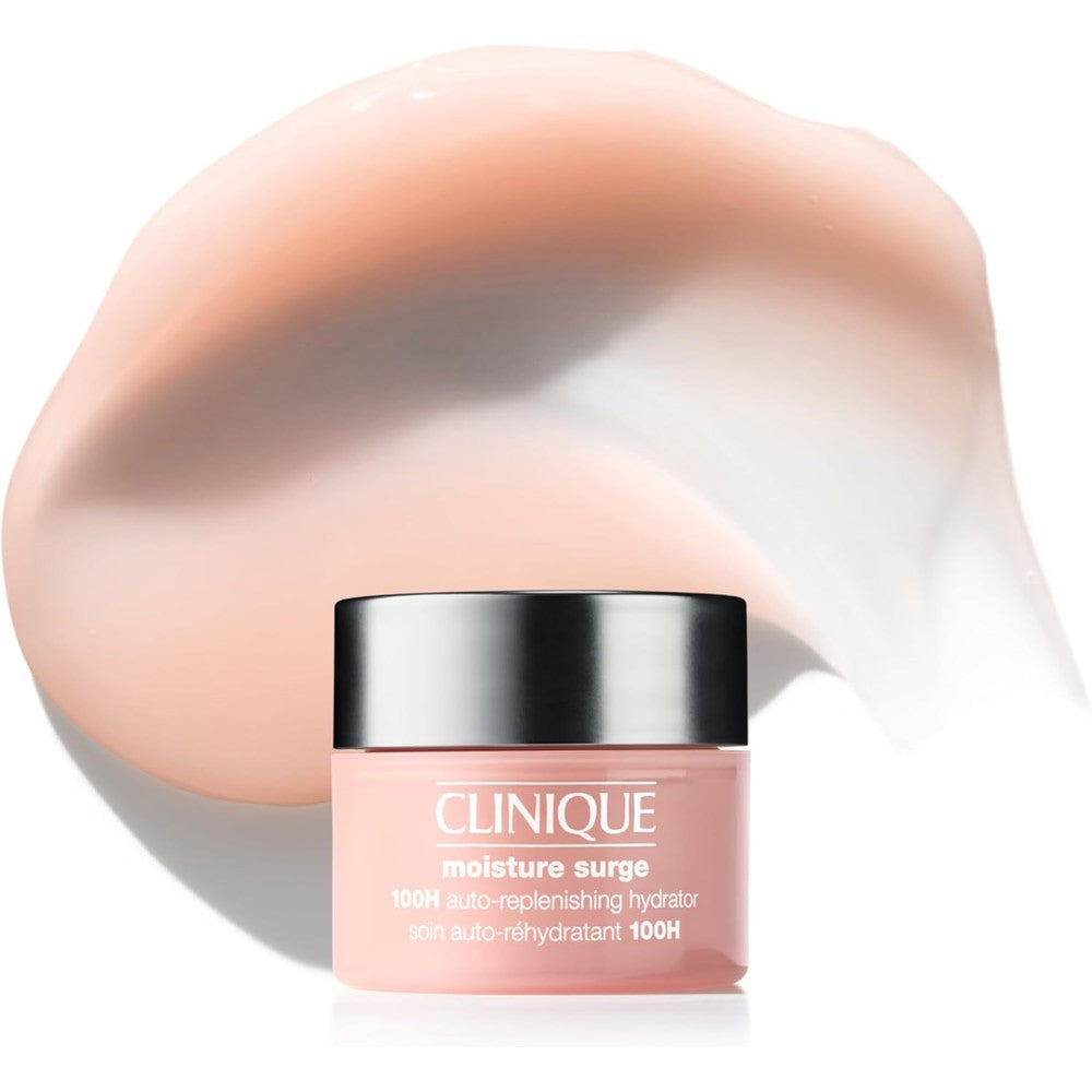 Clinique Moisture Surge 100H face moisturizer front view showing transparent jar and pink gel-cream formula