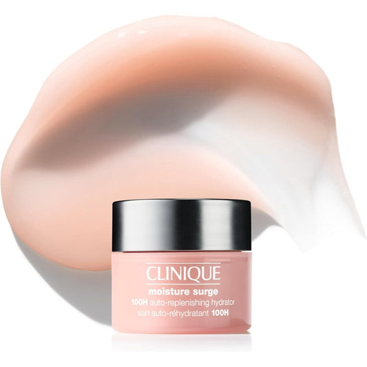 Clinique Moisture Surge 100H face moisturizer front view showing transparent jar and pink gel-cream formula