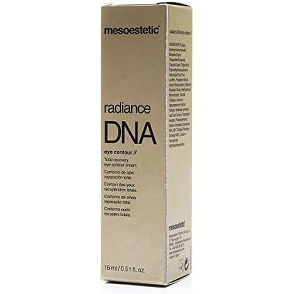 Mesoestetic Radiance DNA Eye Contour Cream 15ml tube front view showing anti-aging branding.