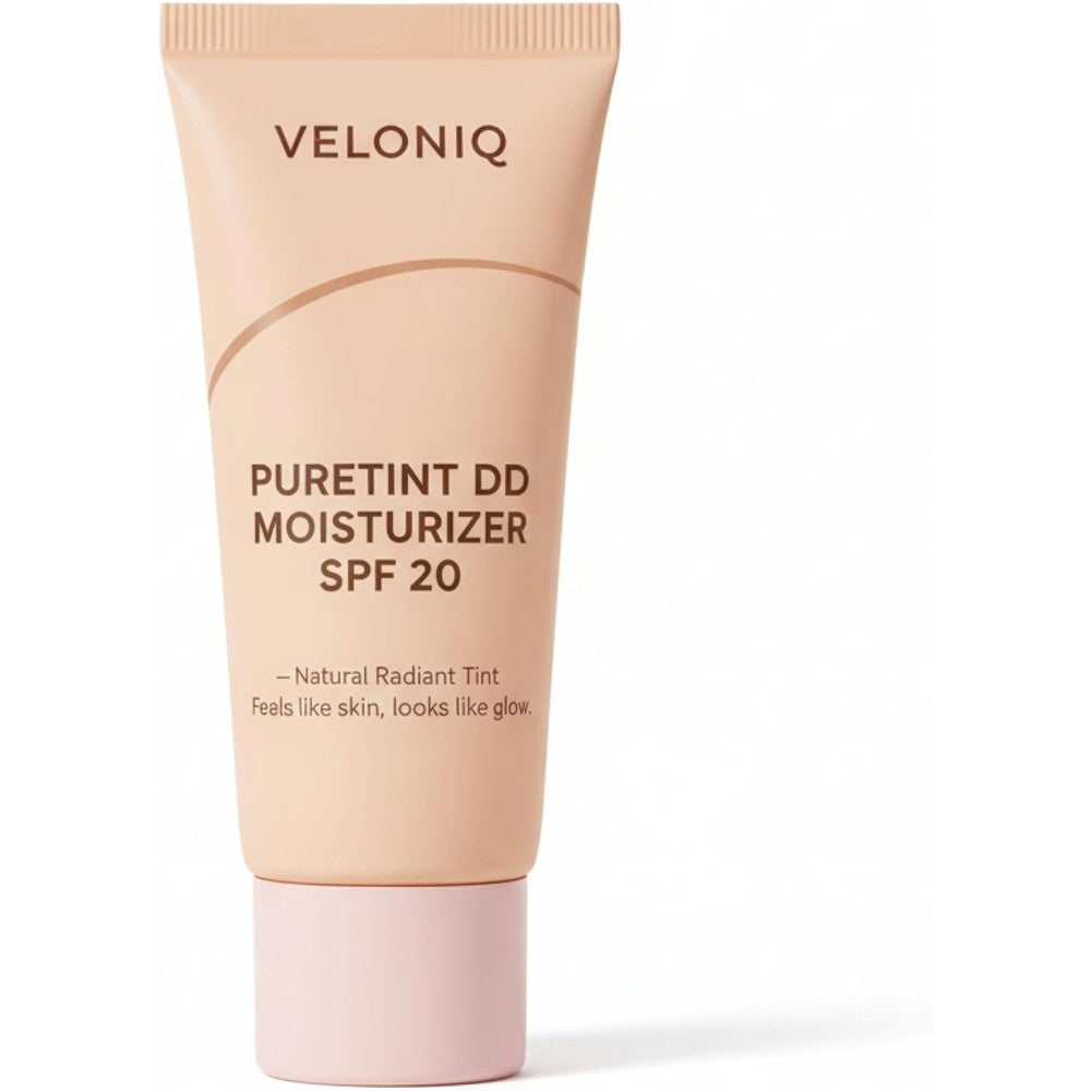 Veloniq PureTint DD Moisturizer SPF 20 front view bottle of daily tinted sunscreen for glowing skin