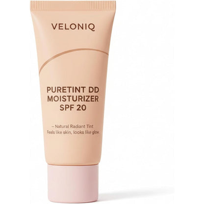 Veloniq PureTint DD Moisturizer SPF 20 front view bottle of daily tinted sunscreen for glowing skin