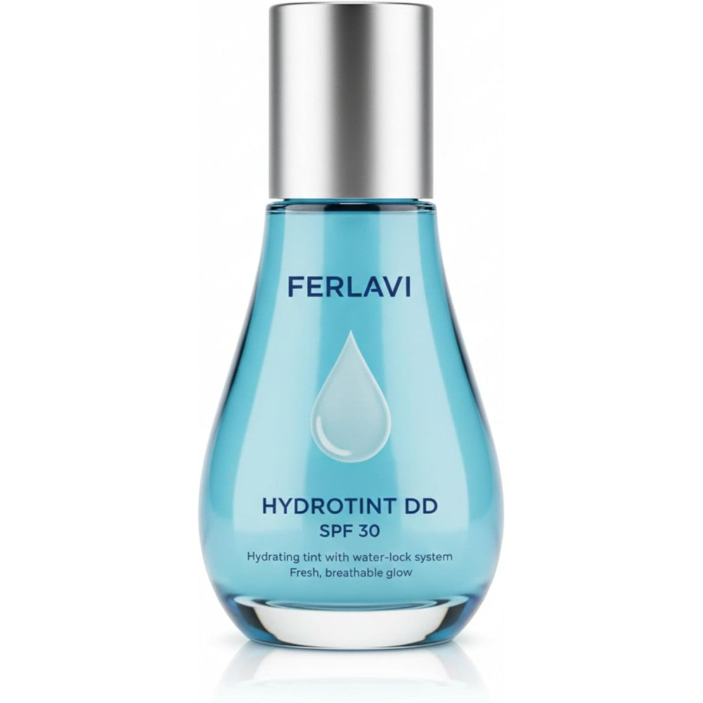 Ferlavi HydroTint DD Moisturizer front view of blue teardrop bottle