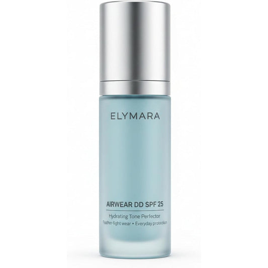 ELYMARA AirWear DD Cream SPF 25 front view of blue bottle with silver cap hydrating tone perfector daily defense facial lotion