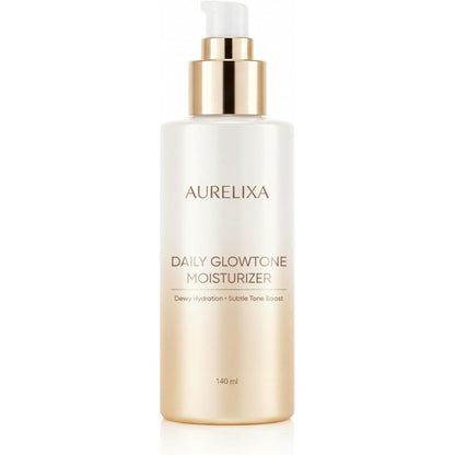 Aurelixa Daily GlowTone Moisturizer front view bottle with pump dispenser showing white and gold packaging design.