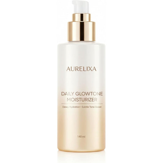 Aurelixa Daily GlowTone Moisturizer front view bottle with pump dispenser showing white and gold packaging design.