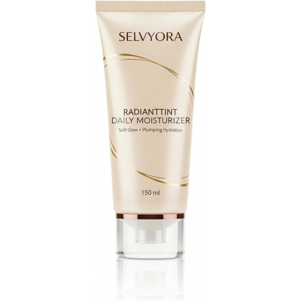 Selvyora RadiantTint Daily Moisturizer 150 milliliter front view tube for natural radiant finish skin tint hydration.