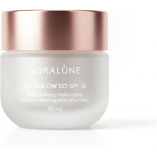 Soralune CeraGlow Daily Defense Moisturizer SPF 35 jar front view showing rose gold cap for ceramide radiance defense