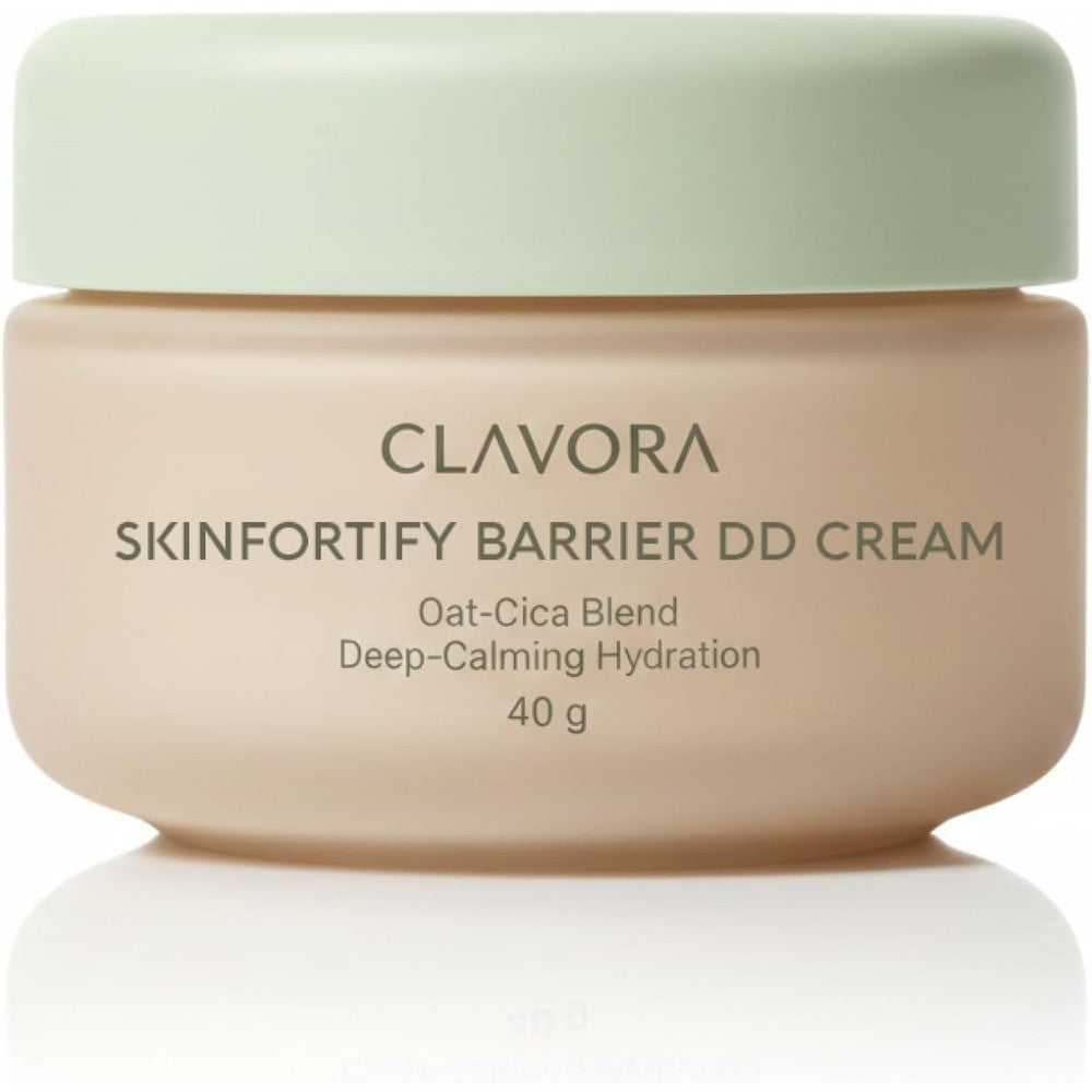 Generic Clavora SkinFortify Barrier DD Cream front view showing beige jar and soft green lid.