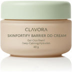 Generic Clavora SkinFortify Barrier DD Cream front view showing beige jar and soft green lid.