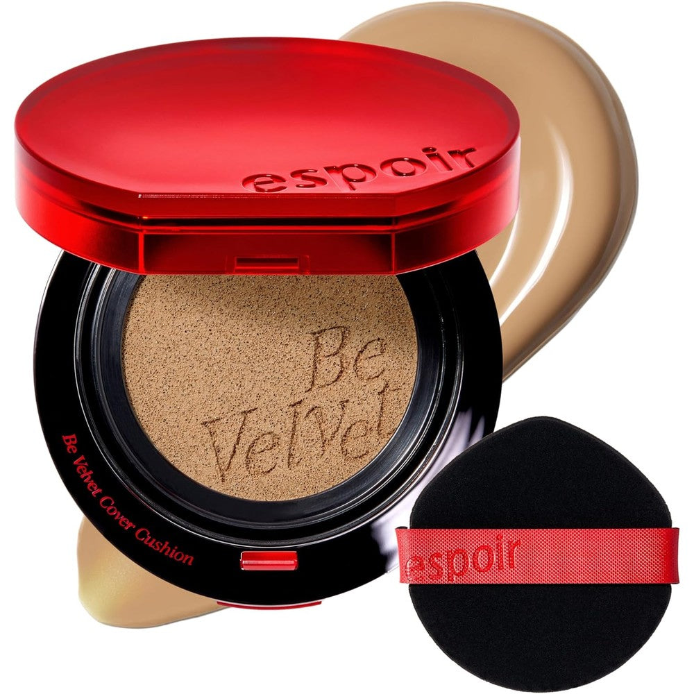 Espoir Be Velvet Cushion Foundation front view of red compact with puff