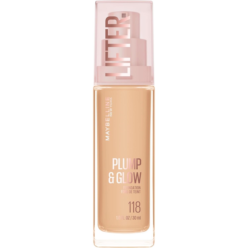 Maybelline Lifter Plump and Glow Foundation liquid bottle front view for radiant skin tone