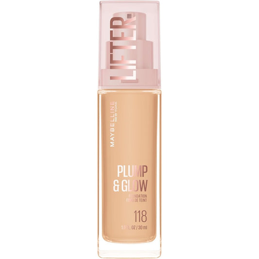 Maybelline Lifter Plump and Glow Foundation liquid bottle front view for radiant skin tone