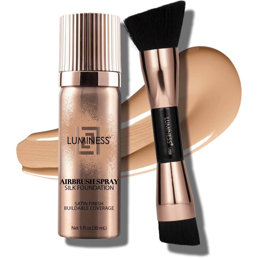 LUMINESS Silk Airbrush Spray Foundation Two Piece Kit front view including aerosol bottle and angled makeup brush.