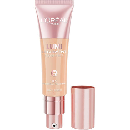 L'Oreal Paris Lumi Le Glow Skin Tint front view showing the product bottle and shade details.