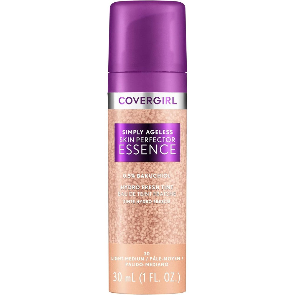 Covergirl Simply Ageless Skin Perfector Essence Foundation front view of bottle showing microdroplet gel texture.