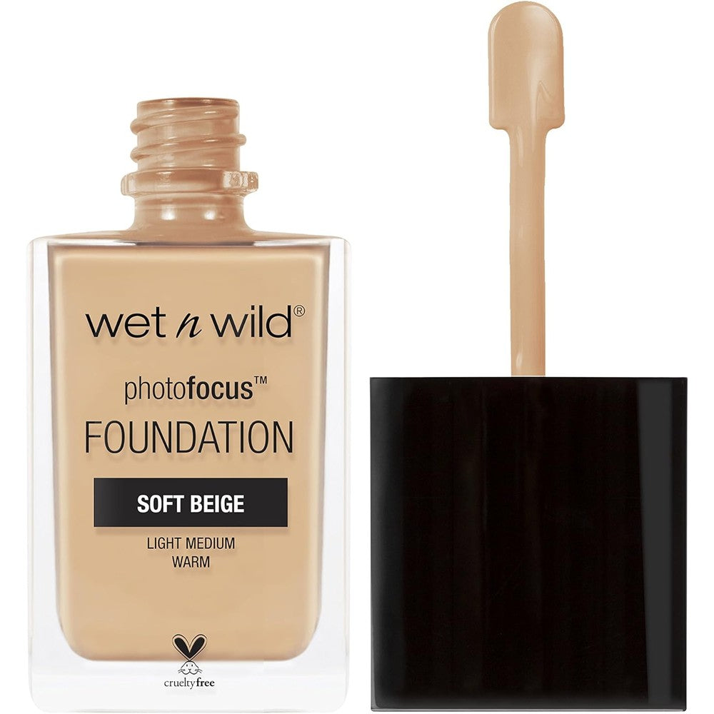 Wet N Wild Photo Focus Matte Liquid Foundation Soft Beige front view bottle displaying professional camera-ready makeup packaging