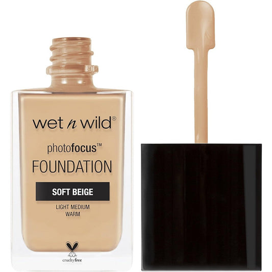 Wet N Wild Photo Focus Matte Liquid Foundation Soft Beige front view bottle displaying professional camera-ready makeup packaging
