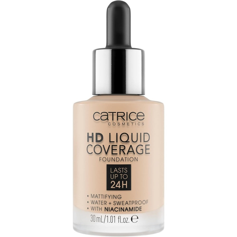 Catrice HD Liquid Coverage Foundation front view bottle showing shade 010 Light Beige matte makeup finish